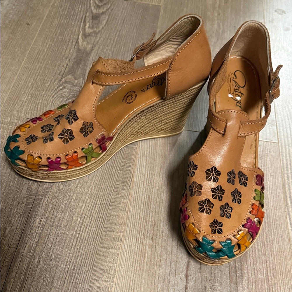 Brown Leather Wedges with Colorful Trim